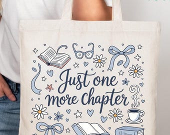 Just One More Chapter Tote Bag, Cute Coquette Bow Book Lover Canvas Bag