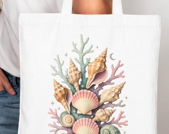 Pastel Seashell Tote Bag, Watercolor Coral Canvas Bag, Coastal Beach Vacation Handbag