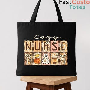 Cozy Nurse Fall Tote Bag, Autumn Patchwork Stamp Healthcare Canvas Bag, Cute Ghost Nurse Pumpkin Shoulder Bag