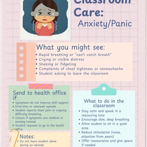 Peut inclure: Une affiche &eacute;ducative intitul&eacute;e Classroom Care: Anxiety/Panic sur un fond quadrill&eacute; rose clair. Elle pr&eacute;sente un dessin d'une personne en d&eacute;tresse, des listes &agrave; puces d&eacute;taillant les sympt&ocirc;mes, des instructions pour l'infirmerie et des conseils.