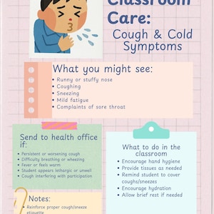 Peut inclure: Une affiche &eacute;ducative &agrave; motif quadrill&eacute; rose p&acirc;le intitul&eacute;e Classroom Care: Cough & Cold Symptoms. Elle pr&eacute;sente une illustration d'une personne qui tousse, liste des sympt&ocirc;mes, des instructions pour l'infirmerie et des conseils.