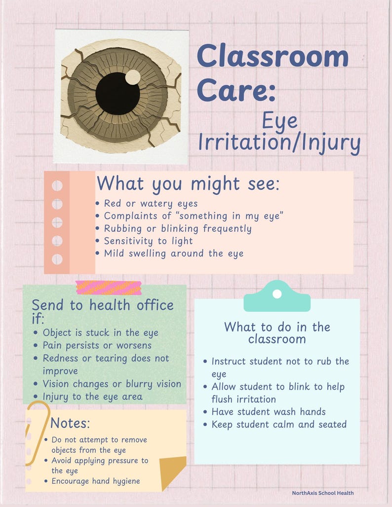 Peut inclure: Une affiche &eacute;ducative intitul&eacute;e Classroom Care: Eye Irritation/Injury avec un graphique d'un &oelig;il fissur&eacute;. Elle liste des sympt&ocirc;mes comme les yeux rouges ou larmoyants, des instructions de gestion en classe et les crit&egrave;res d'envoi &agrave; l'infirmerie.