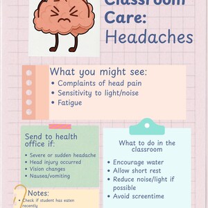 Peut inclure: Une affiche &eacute;ducative intitul&eacute;e Classroom Care: Headaches pr&eacute;sentant un cerveau en dessin anim&eacute; avec une expression douloureuse. Elle liste des sympt&ocirc;mes comme les maux de t&ecirc;te, la sensibilit&eacute; &agrave; la lumi&egrave;re et la fatigue, ainsi que des conseils.