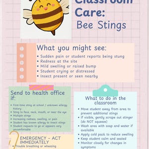 Peut inclure: Une affiche &eacute;ducative intitul&eacute;e Classroom Care: Bee Stings sur un fond quadrill&eacute; rose clair. Elle pr&eacute;sente une illustration de dessin anim&eacute; d'abeille et des sections d&eacute;taillant les sympt&ocirc;mes, les premiers soins, les crit&egrave;res de renvoi et les protocoles d'urgence.