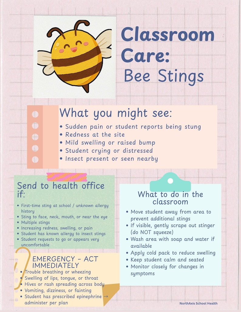 Peut inclure: Une affiche &eacute;ducative intitul&eacute;e Classroom Care: Bee Stings sur un fond quadrill&eacute; rose clair. Elle pr&eacute;sente une illustration de dessin anim&eacute; d'abeille et des sections d&eacute;taillant les sympt&ocirc;mes, les premiers soins, les crit&egrave;res de renvoi et les protocoles d'urgence.