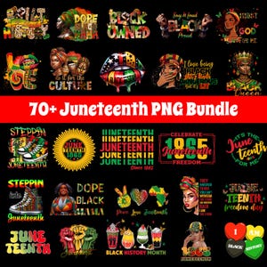 Puede incluir: Un conjunto de gráficos PNG con temática de Juneteenth. Las imágenes presentan texto como "Black Owned", "Juneteenth" y "Black History Month", junto con ilustraciones de labios, mujeres y zapatos. El paquete incluye una variedad de diseños en rojo, verde, amarillo y negro.