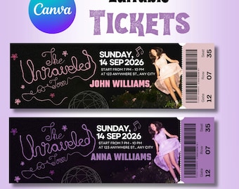 Ticketsjabloon Olivia Rodrigo The Unraveled Tour (2 versies), bewerkbaar aandenken concertkaartje, afdrukbare canvadownload