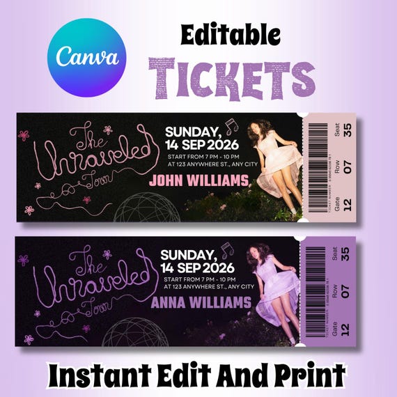 Olivia Rodrigo The Unraveled Tour Ticket Template (2 Versions), Editable Keepsake Concert Ticket, Printable Canva Download