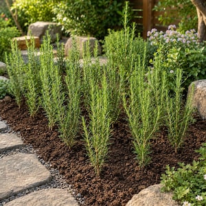 May include: A garden bed featuring rows of vibrant green rosemary plants. The plants are planted in dark brown soil, with a stone pathway and large rocks in the background. The scene is well-lit, suggesting a sunny day.