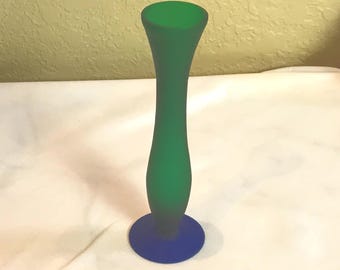 Antique Glass bud vase, dark green with flared top and dark blue base