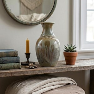 May include: A ceramic vase with a flared rim and a tapered neck, featuring a mottled glaze in shades of sage green, brown, and cream. The vase has a textured, ribbed band around the neck and a smooth, rounded body with a glossy finish.