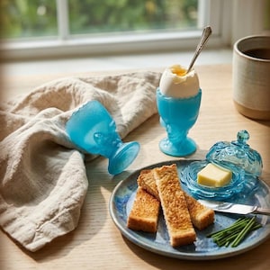 May include: Two bright blue glass egg cups with a skull motif, one holding a soft-boiled egg with a silver spoon. A small blue glass butter dish with a lid contains a square of butter next to toasted bread strips and fresh chives on a plate.