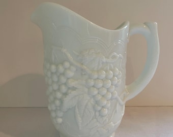 Imperial Glass Milk Glass Jug Grapes & Leaf Satin Doeskin 48 oz Large Handle Pitcher