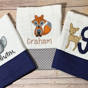 Woodland Animals Burp Cloths; forest animal burp cloths;  Raccoon, Fox and deer burp cloths; wild animals