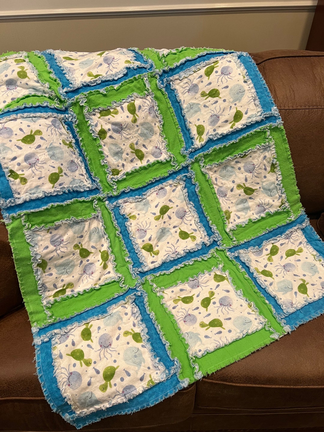 Fish Rag Quilt Turtle, Whale & Jelly Fish Rag Baby Quilt; Sea Life Quilt; Ocean Raggy ...