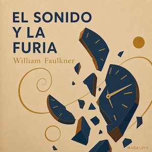 Könnte beinhalten: Ein quadratisches Buchcover mit beigem Hintergrund und dem dunkelblauen Text EL SONIDO Y LA FURIA sowie William Faulkner. Eine dunkelblaue Uhr zerbricht in Fragmente mit goldenen Zeigern sowie dünnen goldenen Linien und Kreisen.