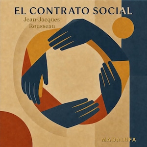 May include: A book cover design featuring the title "EL CONTRATO SOCIAL" and the author's name, Jean-Jacques Rousseau. The design includes a circular arrangement of hands in navy blue, with orange and tan geometric shapes. The word "MADALUFA" is at the bottom.