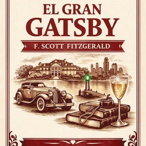 May include: Book cover illustration for "El Gran Gatsby" (The Great Gatsby) by F. Scott Fitzgerald. Features a vintage car, a waterfront scene with a lighthouse, a champagne glass, and stacks of books. The title is in large, maroon letters.