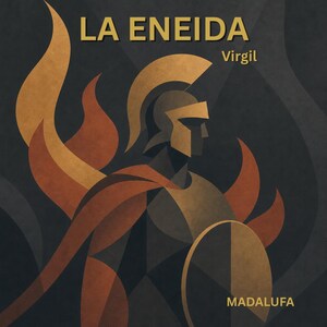 Könnte beinhalten: Illustration eines Kriegers mit Helm und Umhang, der einen Schild hält, mit Flammen im Hintergrund. Der Text "LA ENEIDA" und "Virgil" stehen oben, und "MADALUFA" unten, alles in goldener Schrift auf dunklem Hintergrund.
