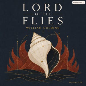 May include: A book cover for Lord of the Flies by William Golding featuring a large, cream-colored conch shell with geometric gold lines. The background is dark navy with stylized red flames and thin gold lines. The text Madalufa is at the bottom.