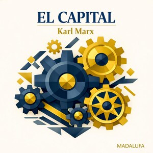 Op de afbeelding: Een grafische print met de tekst EL CAPITAL en Karl Marx bovenaan, met een cluster van in elkaar grijpende donkerblauwe en gouden mechanische tandwielen van verschillende groottes in het midden en het woord MADALUFA rechtsonder.