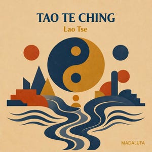 May include: A graphic print titled TAO TE CHING by Lao Tse featuring a central yin-yang symbol in dark blue and mustard yellow. Below, stylised blue waves flow between geometric shapes in orange, blue, and yellow. The text MADALUFA is at the bottom.
