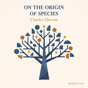 Op de afbeelding: Een vierkante print met de tekst ON THE ORIGIN OF SPECIES en Charles Darwin in donkerblauw en goud. Onder de tekst staat een gestileerde boomafbeelding bestaande uit donkerblauwe takken met geometrische vormen in donkerblauw en oranje.