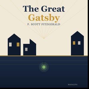 May include: A book cover for The Great Gatsby by F. Scott Fitzgerald featuring a cream background with dark blue silhouettes of buildings, a dark blue lower section representing water, and a small glowing green circle centered in the water.