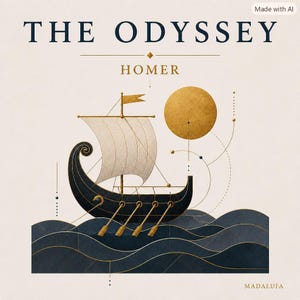 Könnte beinhalten: Ein Buchcover mit dem Titel THE ODYSSEY von HOMER zeigt ein stilisiertes dunkelblaues Schiff mit goldenen Rudern, das auf dunkelblauen Wellen segelt. Eine große goldene Sonne befindet sich in der oberen rechten Ecke mit dünnen goldenen Linien und Punkten.