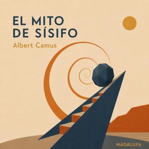 May include: An illustration featuring the text "EL MITO DE SÍSIFO" and "Albert Camus". A dark blue geometric sphere is being pushed up a dark blue ramp with orange steps. An orange spiral and a yellow circle are also in the image, set against a beige background.