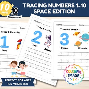 Space Number Tracing Worksheets 1-10 | Preschool Math Activities | Count and Trace Printable PDF | 21 Pages | US Letter