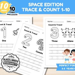 Space Number Tracing & Counting Activities | Preschool Math Worksheets | Numbers 1–10 Printable PDF | 21 Pages | US Letter