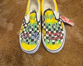 Custom 1 Of 1 Hand-Painted Checkered Vans Slip-Ons w/ Matching Custom Hand-Painted 1 Of 1 Wallet-New With Tags.Size: Men 's 9.5/ Women's 11