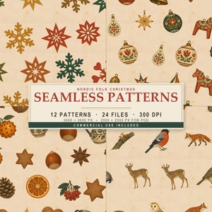 May include: A collection of Nordic folk Christmas seamless patterns featuring illustrations of snowflakes, ornaments, Dala horses, birds, foxes, deer, pinecones, orange slices, and star-shaped cookies on a cream background with text overlay.