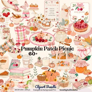 May include: A digital clipart bundle titled Pumpkin Patch Picnic 60+ featuring autumn-themed illustrations including pumpkins, cherries, pies, books, candles, and picnic items in a soft color palette of pink, orange, and cream on a white background.