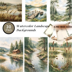 Può includere: Una collezione di sfondi paesaggistici ad acquerello con scene di laghi, fiumi, foreste e una baita. Il testo 30 PNG Watercolor Landscape Backgrounds e 5 PRE-MADE CARDS è visibile. Le illustrazioni mostrano vari ambienti naturali in toni tenui.