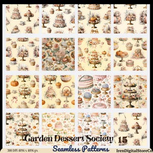Könnte beinhalten: Eine digitale Sammlung von 15 nahtlosen Mustern mit Illustrationen von Etagenkuchen, Cupcakes, Kürbissen und Teesets in sanften Pastelltönen. Der Text Garden Dessert Society 15 Seamless Patterns 300 DPI 4096 x 4096 px IrenDigitalStoreCo ist sichtbar.