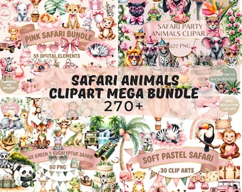 メガサファリ動物クリップアートバンドル、ピンクセージベビーシャワーグラフィック、ジャングルパーティーPNG（デジタルダウンロード）