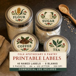 Pode incluir: Quatro potes de vidro com tampas metálicas contendo etiquetas circulares para farinha, açúcar, café e chá. As etiquetas exibem ilustrações botânicas e texto. Um texto sobreposto diz: Folk Apothecary & Pantry Printable Labels, 40 etiquetas nomeadas, 6 em branco, 3 pacotes, A4 + US Letter, 300 DPI, uso comercial incluído.
