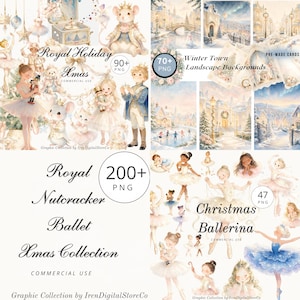 May include: A digital graphic collection featuring watercolor illustrations of nutcrackers, ballerinas, mice in royal attire, and winter town landscapes. The set includes text labels such as Royal Holiday, Winter Town, and Christmas Ballerina.