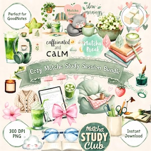 May include: Watercolor illustration of a cozy matcha study session bundle. The image features a cat with a matcha cup, books, drinks, a beanbag chair, and the text "Cozy Matcha Study Session Bundle". Includes a pink bow, glasses, and a candle.