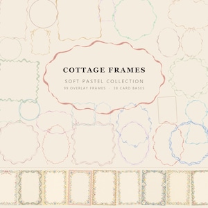 Op de afbeelding: Een digitale collectie COTTAGE FRAMES SOFT PASTEL COLLECTION 99 OVERLAY FRAMES 38 CARD BASES met diverse handgetekende kaders in zachte pasteltinten, waaronder cirkelvormige, rechthoekige en geschulpte vormen op een crèmekleurige achtergrond.