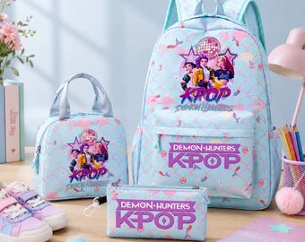 K Pop Demon Hunters Mädchen Rucksack Set 3-teilig Schule, Huntrix Rucksack, Lunch Bag Federmäppchen Bundle, Geschenk für Mädchen, Back to School Bundle