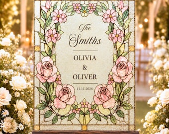 Art Nouveau Stained Glass Wedding Sign Template, Canva Editable Last Name Rose Welcome Sign