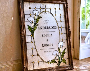 White Calla Lily Wedding Sign, Stained Glass Welcome Template, Editable Last Name Canva Template