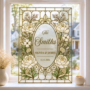May include: A rectangular stained glass panel featuring a central oval frame with the text The Smiths, OLIVIA & JAMES, and 11.11.2026. The design includes cream-coloured peonies, green leaves, and small white flowers arranged in a symmetrical pattern.