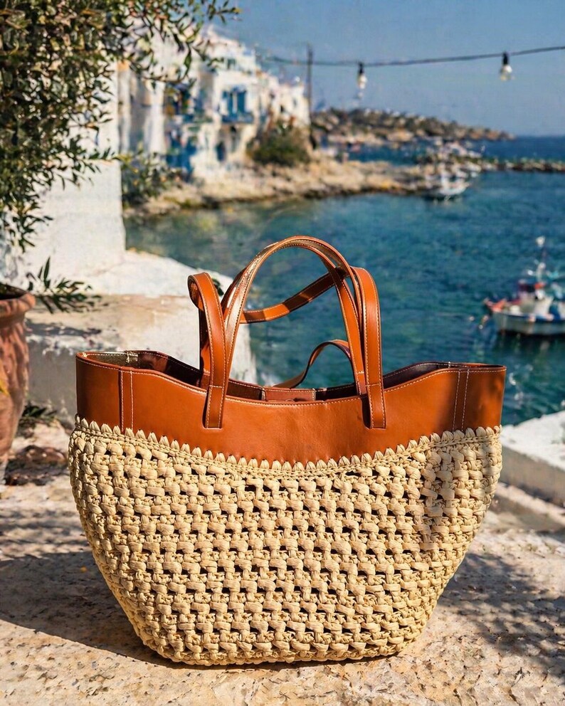 Handmade Raffia Tote Bag, Large Beach Bag, Boho Summer Shoulder Bag for ...