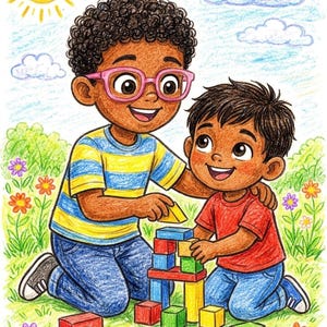 May include: A colorful illustration depicts two children building with wooden blocks outdoors. One child wears glasses and a striped shirt, while the other wears a red shirt. The scene is set in a grassy area with flowers, a sun, and clouds.