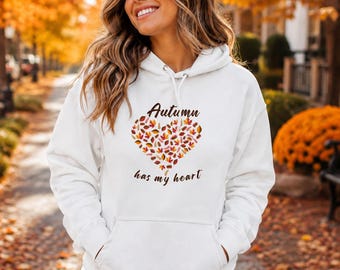 Felpa con cappuccio "Autumn Has My Heart" / Felpa accogliente con grafica a cuore e foglie autunnali / Regalo per gli amanti dell'autunno / Pullover unisex