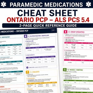 Puede incluir: Una hoja de referencia rápida de 2 páginas para paramédicos de Ontario PCP, ALS PCS 5.4. Incluye información sobre vías respiratorias, reacciones alérgicas, problemas cardíacos y más. Con código de colores para una revisión fácil.
